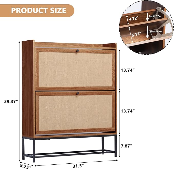 LEVNARY Shoe Storage Cabinet with 2 Flip Drawers, Wooden Narrow Shoe Cabinet Storage for Entryway, Freestanding Shoe Rack Organizer Cabinet with Metal Legs for Hallway (1, Walnut)-NeatNest