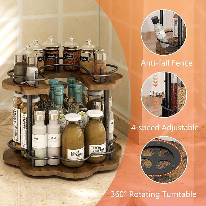 2 Tier Lazy Susan Organizer,2-Tier Spinning Spice Rack with Stable Carousel Base & 4 Height Settings for Cupboard Kitchen Countertop Dining Table Cupboard (Petal Shape)-NeatNest