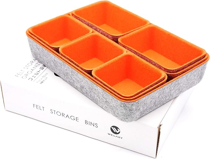 Welaxy desk drawer organizers bin trays dividers small shallow felt storage box soft sturdy office suppliers closet cabinet makeup crafts pens 8-piece back to school (Orange)-NeatNest