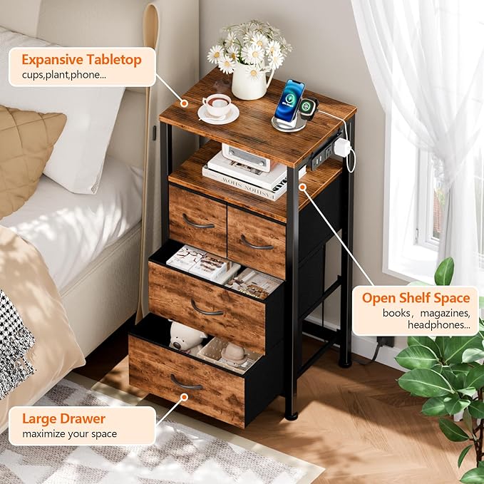 Furnulem Dresser for Bedroom, Tall Nightstand, Bedside Table with Charging Station, LED Light, Fabric Bins, Night Stand with Wood Shelf, Small Furniture for Entryway, 33 Inch (4 Drawer, Rustic Brown)
