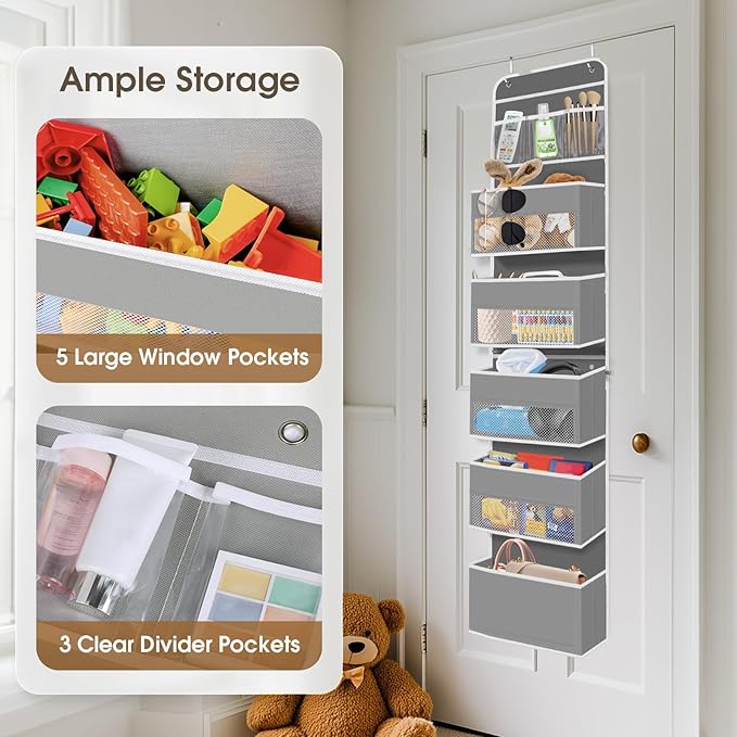 6-Tier Over The Door Organizer, Hanging Storage Organizer with Clear Window, 40lb Ultra Sturdy Large Capacity Room Organizer for Pantry Bathroom Nursery Closet Baby Essential (Grey)-NeatNest