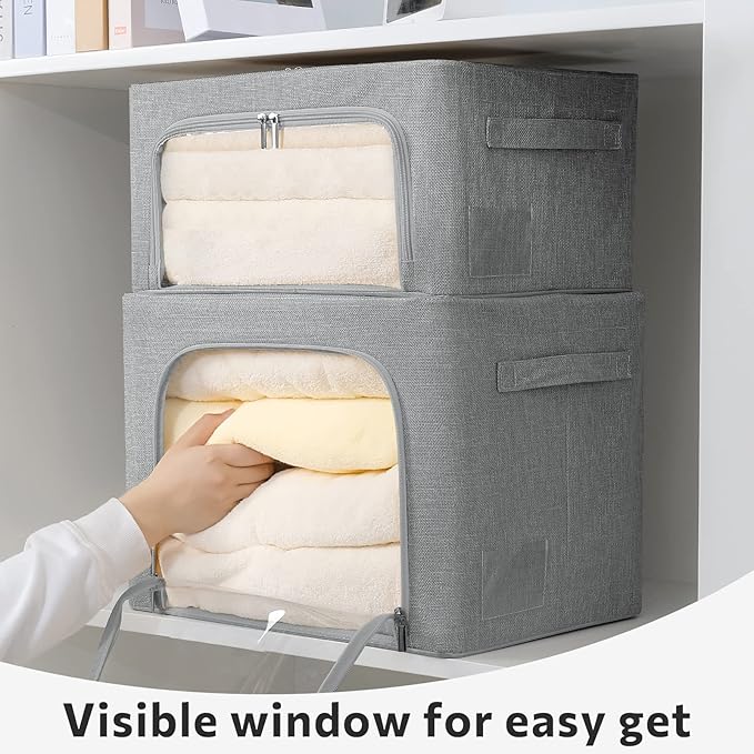 2 Pack Clear Window Storage Bins Foldable Fabric Storage Bins Boxes for Clothes Stackable Box Organizer Set with Carrying Handles (Gray,22L, 15.7x 11.8x 7.8 Inch)-NeatNest