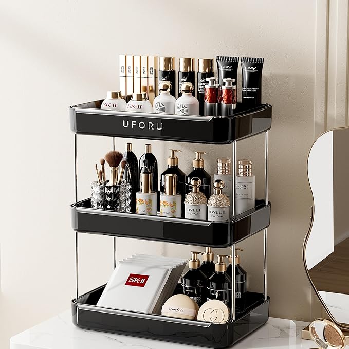 Countertop Coffee Station Organizer, 3 Tier Wine Glass Holder, Mug Shelf with Removable Drain Tray, Spice Rack for Kitchen, Bathroom Countertop Organizer, Black-NeatNest