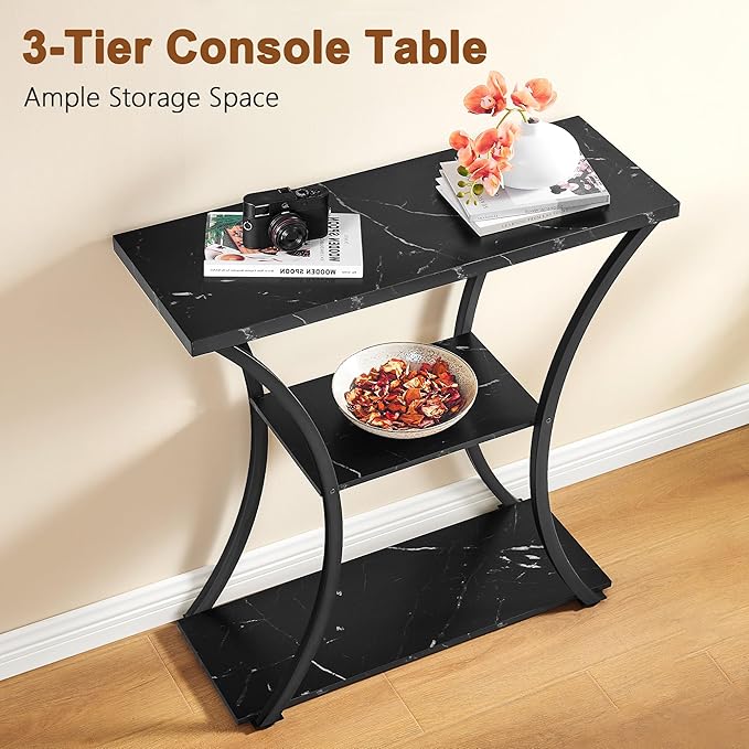 Hoctieon 3 Tier Console Table with Open Wood Shelves, Decorative Entryway Table with Curved Metal Frames, Narrow Sofa Table for Entrance, Living Room, Hallway, Black Marbled-NeatNest