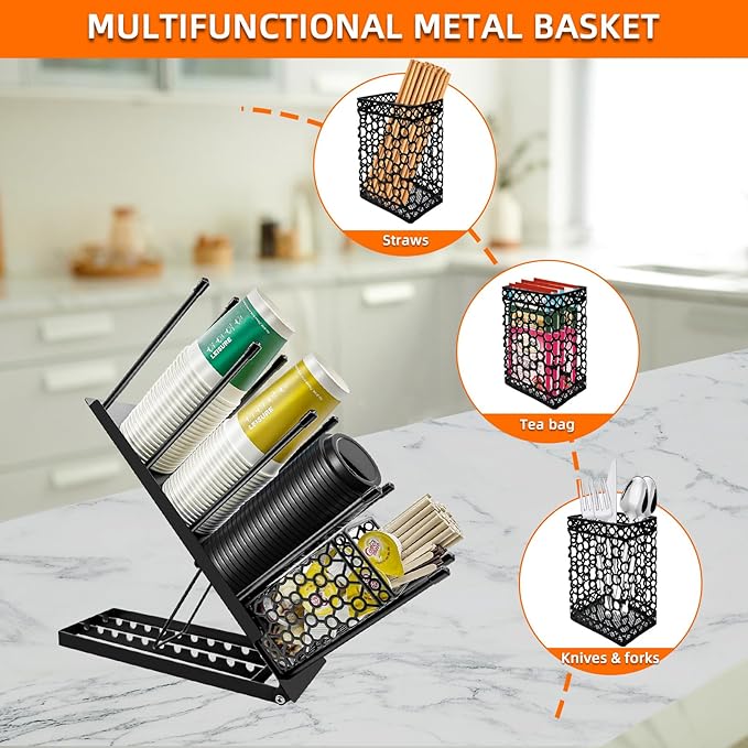 Coffee Cup and Lid Holder with Straw Holder/Coffee Clean Brush, Metal Adjustable Bar Organizer 4 Compartment Cup Dispenser Organizers for Station Home Countertop Bar Breakroom (Black)-NeatNest