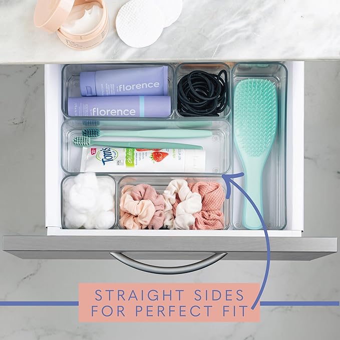 Six Pieces. Plastic Clear Drawer Organizers for Bathroom, Kitchen, Bedroom, Office. Organizer Bins, Storage Trays. Heavy Duty, Stackable, Non-Slip. 3 Sizes-NeatNest