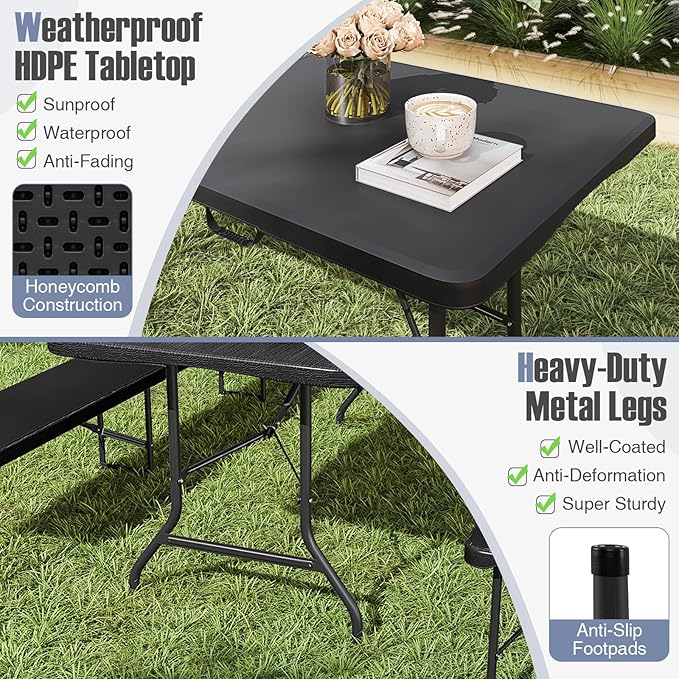 Goplus 8ft Plastic Folding Table, 350 LBS Outdoor Heavy Duty Folding Tables with HDPE Tabletop, Handle, Lock, Foldable Rectangle Portable Utility Card Table for Picnic, Party, Camping, Dining-NeatNest