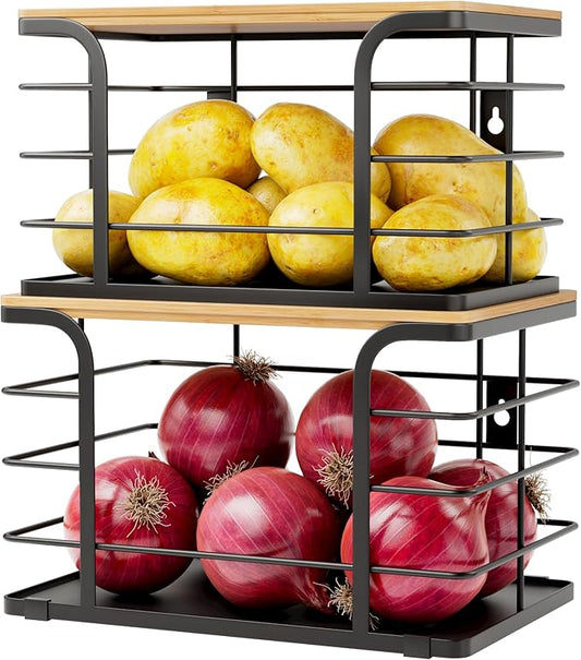 2 Pack Onion Storage,Stackable Pantry Organizers and Storage with PP Liner and Bamboo Top,Kitchen Organization Counter Basket for Fruits,Produce,Vegetable, Black