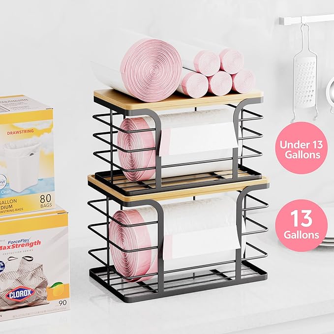 2 Pack Trash Bag Holder,Wall Mount Garbage Bag Dispenser with Bamboo Top,Stackable Storage for Kitchen Pantry Laundry Organization,Black Large and Small-NeatNest