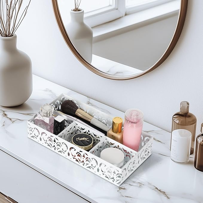 EasyPAG Desk Drawer Organizer with 4 Compartments, Carved Hollow Floral Metal Tray for Office, Jewelry, Cosmetics - No Assembly, White-NeatNest
