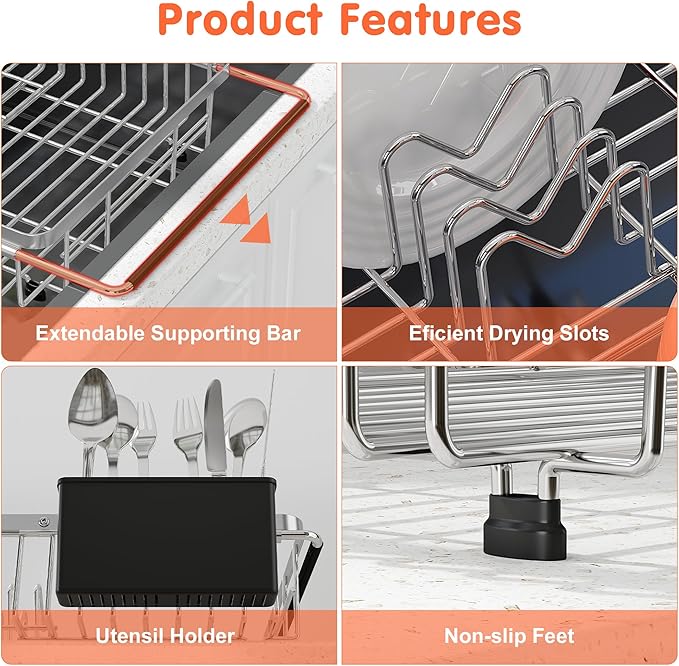romision Dish Drying Rack in Sink, Expandable (13.1"-16.6" D) Stainless Steel Dish Drainers for Kitchen Sink, Retractable Over Sink Dish Rack Drying Rack with Utensil Holder, Silver