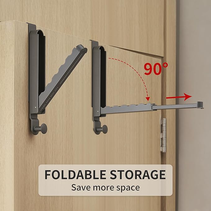 Over The Door Hooks Hanger Fit Door up to 1 3/4" Optimal 2pc,Over The Door Hanger with Retractable Rod,Foldable Over The Door Drying Rack for Laundry Bathroom Bedroom (Space Grey, 2 Pack)