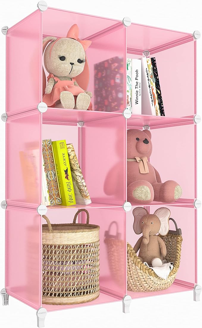 HOMIDEC 6-Cube Storage Shelf, Storage Bookcase Bookshelf with Metal Hammer, Storage Cubes Organizer Cabinet for Kids, Closet, Bedroom, Bathroom, (11.8x11.8x11.8 inch), Light Pink-NeatNest