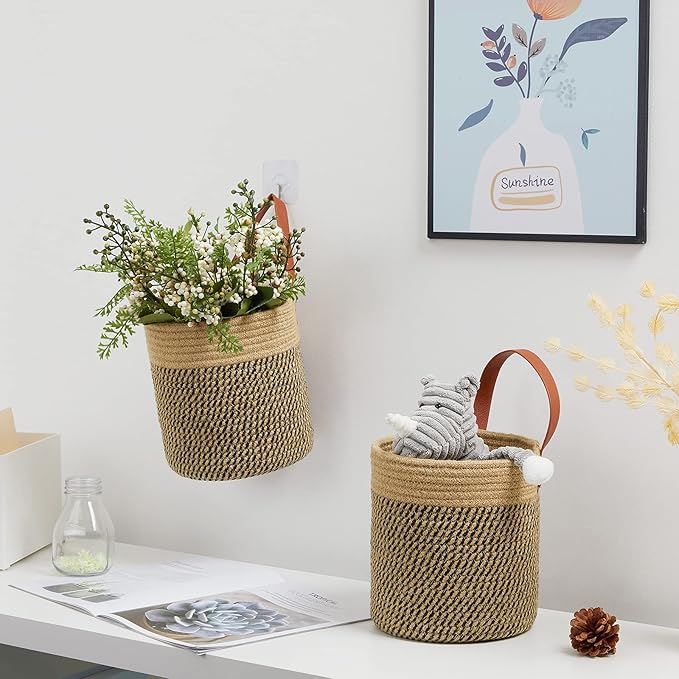 DULLEMELO Wall Hanging Storage Baskets 2 Pack 7"(D) x 8"(H), Small Woven Hanging Baskets With Sturdy Leather, Wall Door Hanging Organizer for Plants,Key,Sunglasses,Wallet (Jute&Black)-NeatNest