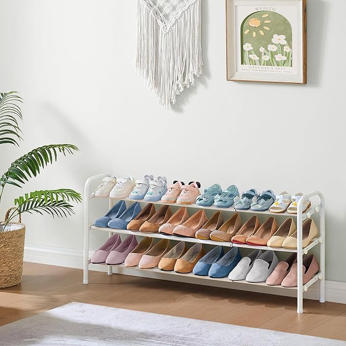 Shoe Rack for Closet, 3 Tier Shoe Organizer, 28“ Metal Shelf Can Expandable to 42“, for Closet, Entryway, Bedroom, Garage, Adjustable to 18 Pairs Shoes, White-NeatNest