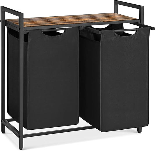 VASAGLE Laundry Hamper, Laundry Basket, Laundry Sorter with 2 Pull-Out and Removable Bags, Shelf, Metal Frame, 2 x 12.1 Gallons (46 L), 28.8 x 13 x 28.4 Inches, Ink Black and Rustic Brown UBLH201B01-NeatNest
