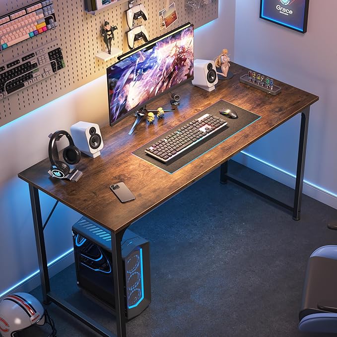 Huuger Computer Desk, 48 Inch Office Desk, Gaming Desk with Storage, Writing Desk Work Desk for Home Office, Study, Modern Simple Desk, Large Legroom, Metal Frame, Rustic Brown-NeatNest