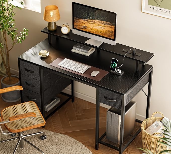 Huuger 47 inch Computer Desk with 4 Drawers, Gaming Desk with LED Lights & Power Outlets, Home Office Desk with Large Storage Space for Bedroom, Work from Home, Black-NeatNest