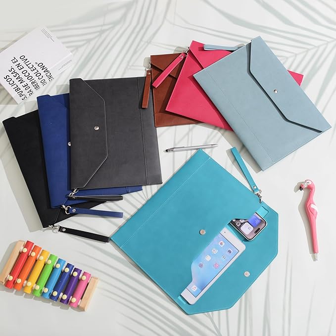 Wonderpool Envelope Case A4 PU Leather File Jacket Pocket Folder Document Case Bag with Removable Hand Strap and 4 Pocket for Documents Tablet Phone Stationery (Dark Blue)