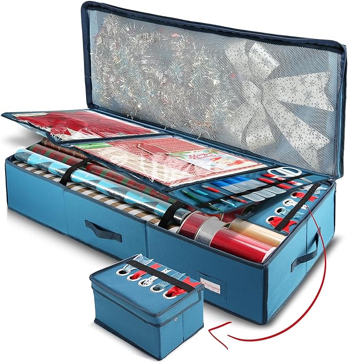 Hearth & Harbor Wrapping Paper Storage Container - Christmas Storage Bag with Ribbon Dispenser and Interior Pockets - Gift Wrap Organizer Fits Up to 26 Rolls of 40" Length, Blue-NeatNest