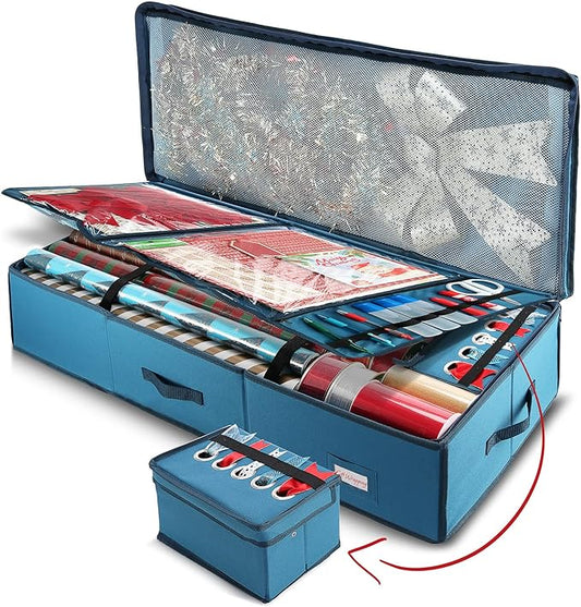 Hearth & Harbor Wrapping Paper Storage Container - Christmas Storage Bag with Ribbon Dispenser and Interior Pockets - Gift Wrap Organizer Fits Up to 26 Rolls of 40" Length, Blue-NeatNest