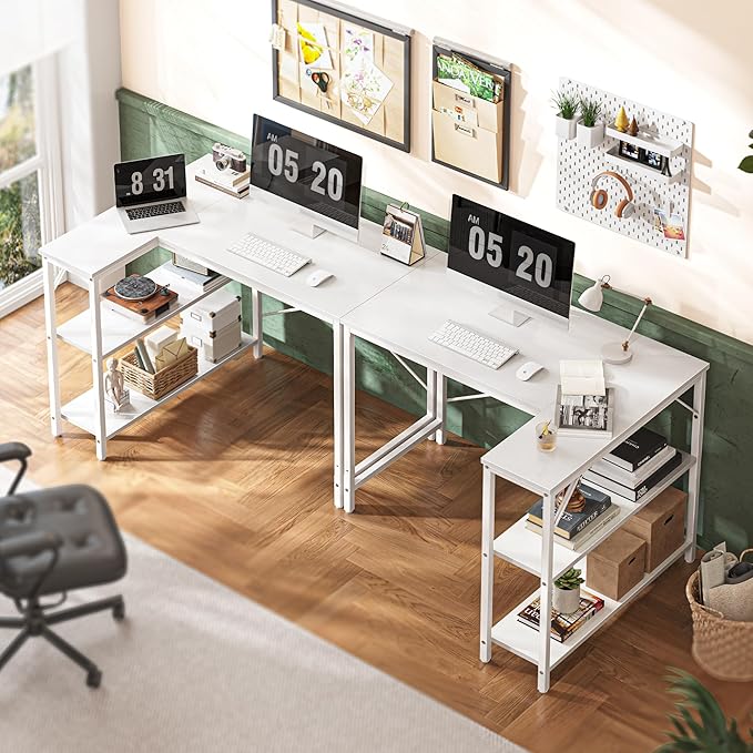 Huuger L Shaped Desk, 39 Inches Computer Desk with Reversible Storage Shelves, for Gaming Corner Home Office Writing Study, Metal Frame, White-NeatNest