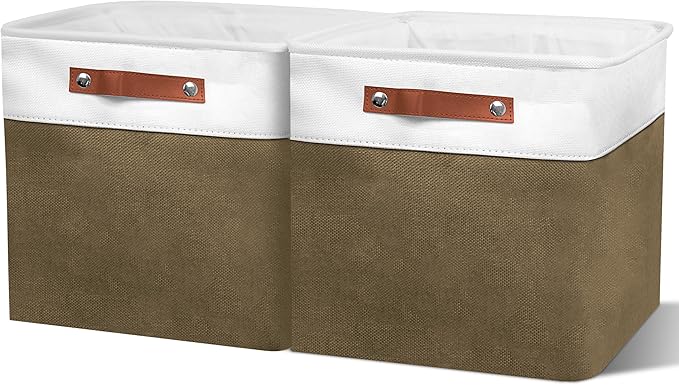 13in Open Fabric Storage Basket with Leather Handles for Organizing, Collapsible Linen Closet Bins for Shelves, Closets, Laundry, Decorative Basket for Gifts. (White＆Brown, 2PCS/13x13in)-NeatNest