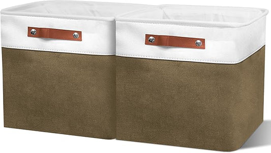 13in Open Fabric Storage Basket with Leather Handles for Organizing, Collapsible Linen Closet Bins for Shelves, Closets, Laundry, Decorative Basket for Gifts. (White＆Brown, 2PCS/13x13in)-NeatNest