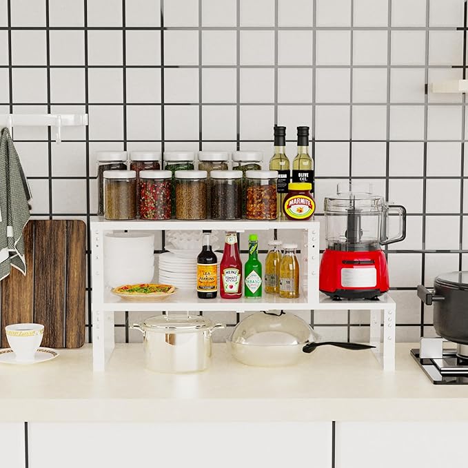 Expandable Stackable Spice Rack Organizer for Kitchen Cabinet,Adjustable Counter Shelf, countertop, Pantry,Cupboard,Bathroom,Bedroom(3Packs/White/Large)-NeatNest
