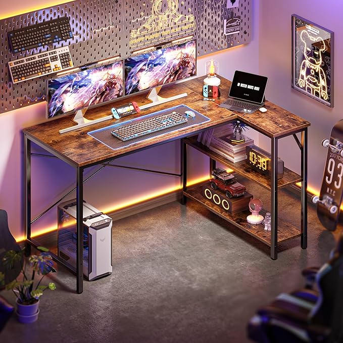 Huuger 47 Inches L Shaped Desk, Computer Desk with Reversible Storage Shelves, for Gaming Corner Home Office Writing Study, Metal Frame, Rustic Brown-NeatNest