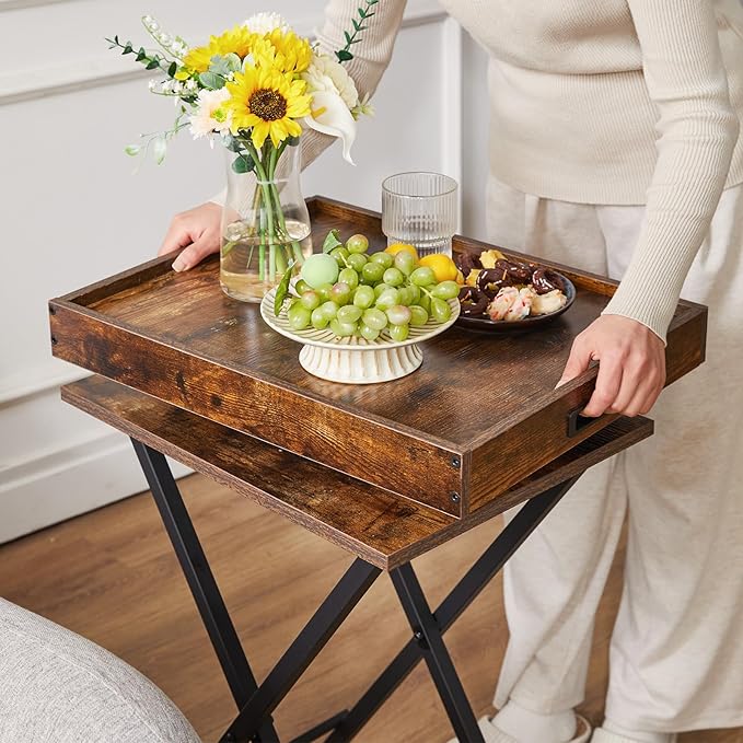 IBUYKE Foldable TV Tray Set of 2 TV,End Table with Removable Food Serving Tray,Portable Wooden Snack Table for Livingroom, Bedroom, Office, Camping,Rustic Brown, UTVT001H-NeatNest