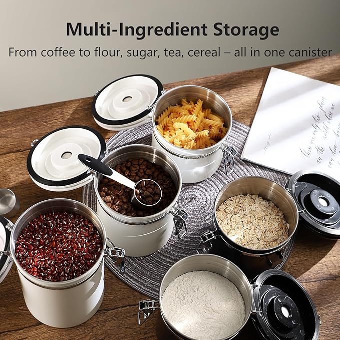 Bincoo Premium Grey Coffee Canister, 1500ml/18oz Large Airtight Stainless Steel Coffee Bean Storage Container with Date Tracker & Scoop (1500ML-Grey)-NeatNest