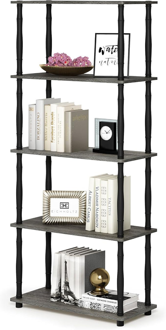 Furinno Turn-N-Tube 5-Tier Multipurpose Shelf Display Rack with Classic Tubes, French Oak Grey/Black-NeatNest