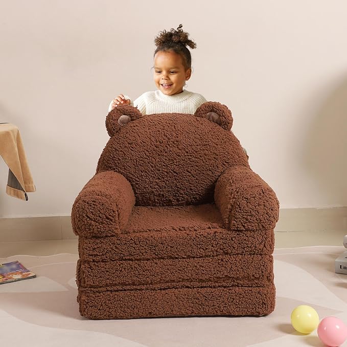 Foldable Sofa for Kids, Sherpa Teddy Bear Toddler Couch With Tri Folding Foam Cushions, Comfy for Ages 3-6-NeatNest
