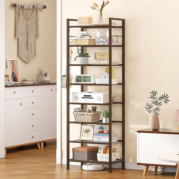 usikey 8 Tiers Narrow Shoe Rack 16-24 Pairs, Sturdy Metal Tall Shoe Rack with 4 Hooks, Slim Shoe Storage Organizer with Metal Shelf, Space Saving Vertical Shoe Shelf for Entryway, Closets, Bronze-NeatNest