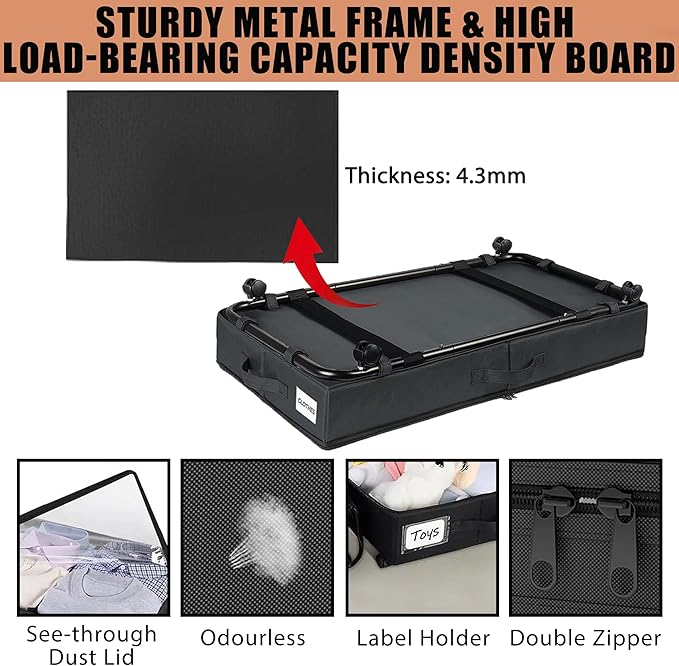 2 Pack Under Bed Storage Rolling Metal Frame Underbed Containers with Wheels Lid Visiable Window Storage Bag Box Organizer Home Closet Organization Drawer Bins for Clothes Shoes Toys Blanketss Black-NeatNest