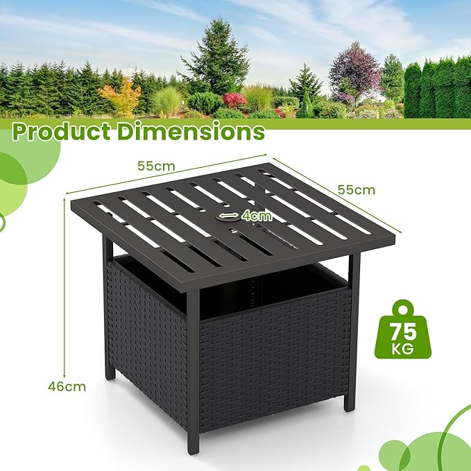 Patio Side Table with Umbrella Hole, 22" Rattan Wicker Umbrella Stand Table, Outdoor End Table for Patio, Garden, Poolside & Yard (Black)