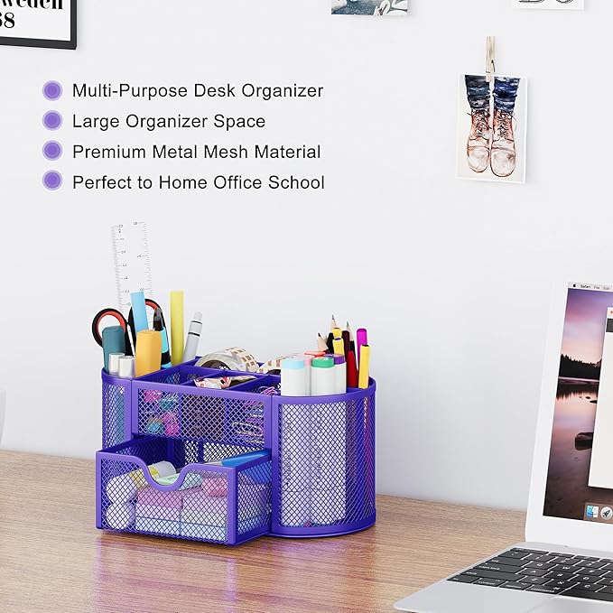 EasyPAG Mesh Desk Organizer, Multi-functional Stationery Organizer for School Supplies, Office Pen Holder for Desk, 9 Compartments Dorm Organization with Drawer, Purple