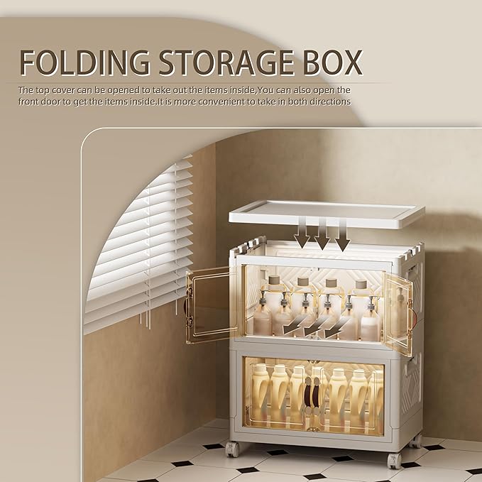 72 QT / 18 Gal Stackable Storage Bins (1 Lid) w/Wheels & Magnetic Doors, Collapsible Plastic Organizer Cabinet for Closet Office Garage - White Storage Containers-NeatNest