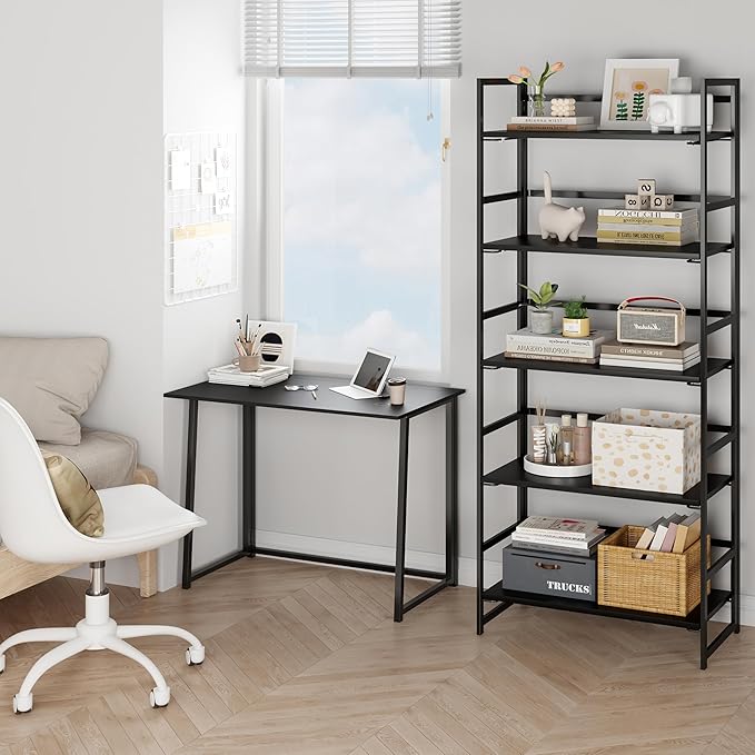 BHG Vintage Multifunctional Folding Bookshelf, No-Assembly Plant Stand Storage Rack Shelves for Home Office (All Black, 5-Tier)-NeatNest