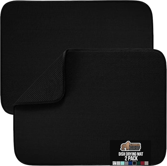 GORILLA GRIP Ultra Water Absorbent Microfiber Dish Drying Mat, Quick Dry Thick Mesh, Slip Resistant Pad for Sink Dishes or Under Rack, Kitchen Counter Accessories, 16x18, Machine Wash, 2 Pack Black