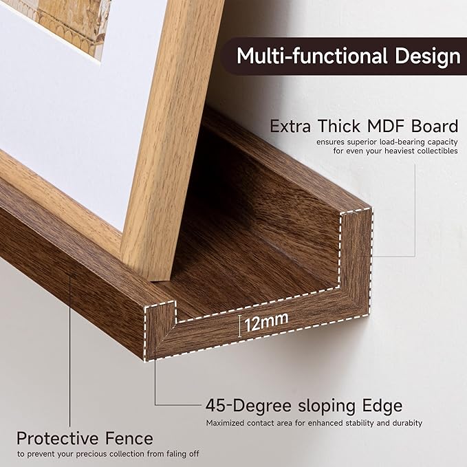 Fun Memories Picture Ledge Shelf, 48 Inch Floating Shelves Set of 2, Large Nursery Book Shelves for Toys Storage, Kids Bookshelf Wall Mounted for Wall Decor Books Photo Frames, Walnut-NeatNest