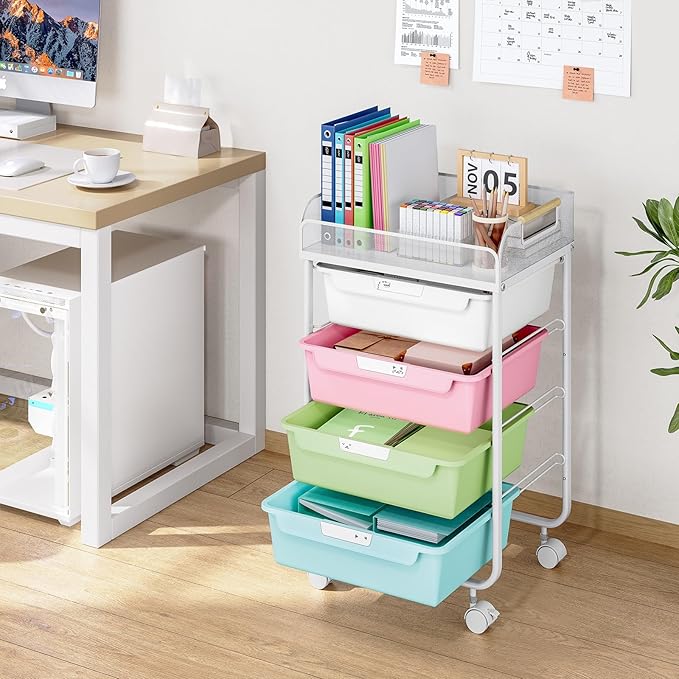 Rolling Cart with 4 Drawers,4 Tiers Rolling Utility Cart Craft Cart,Rolling Storage Drawer Cart with Mesh Top,Storage Cart with Drawers & 4 PCS DIY Lable, Classic Colorful