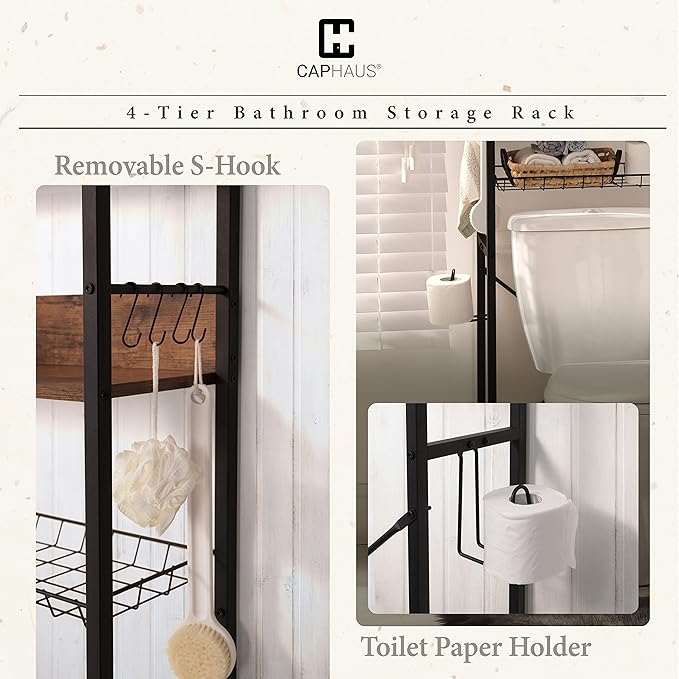 CAPHAUS Over The Toilet Storage, 4-Tier Bathroom Organizer, Freestanding Toilet Shelf, Multifunctional Space Saver Toilet Rack with 4 Hooks, Laundry Organizer, Plant Stand for Balcony (Rustic Oak)-NeatNest
