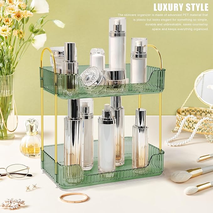Bathroom Counter Organizer Countertop Storage Skincare Countertop Makeup Organizer Cosmetics Skincare Organizers Holder for Perfume-Green-golden pole-NeatNest
