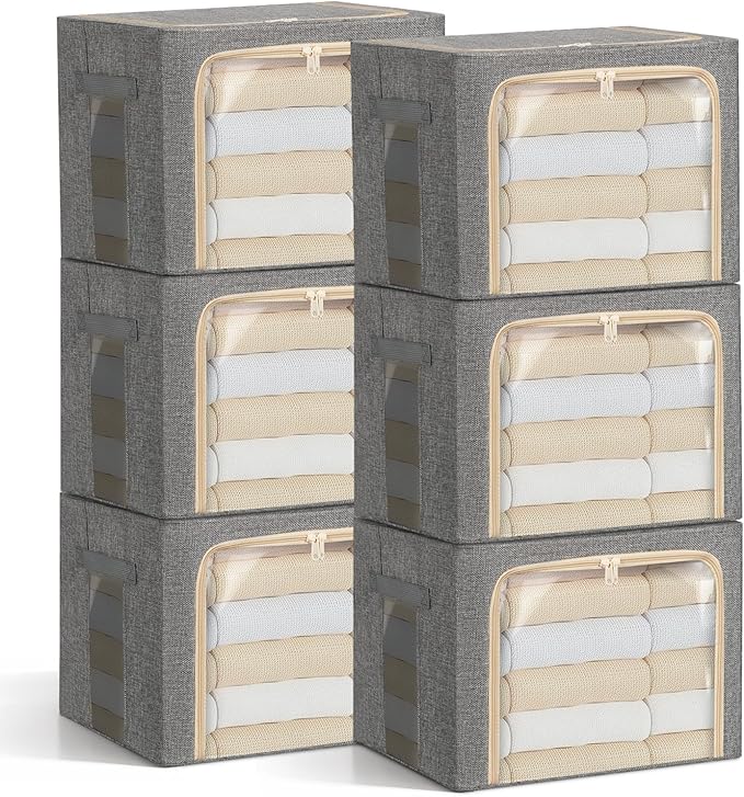 6-Pack Clothes Storage Bags, Foldable Storage Bins with Metal Frame, Clear Window, Reinforced Handles, Durable Non-Woven Fabric for Clothes, Bedding, Blankets, 40L, Gray-NeatNest