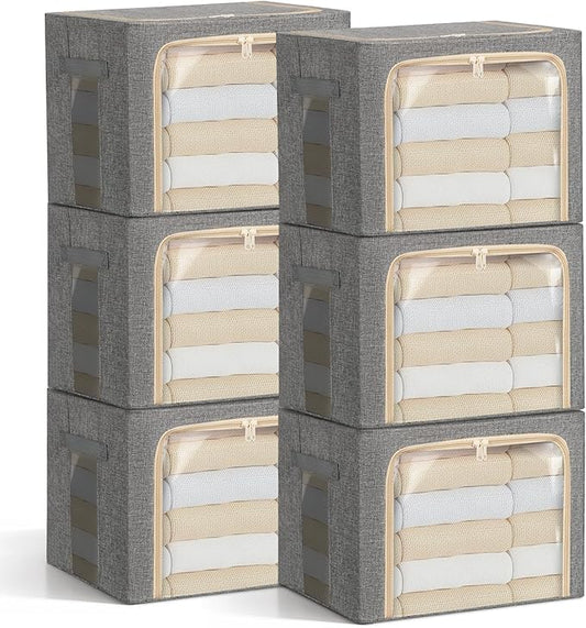 6-Pack Clothes Storage Bags, Foldable Storage Bins with Metal Frame, Clear Window, Reinforced Handles, Durable Non-Woven Fabric for Clothes, Bedding, Blankets, 40L, Gray-NeatNest