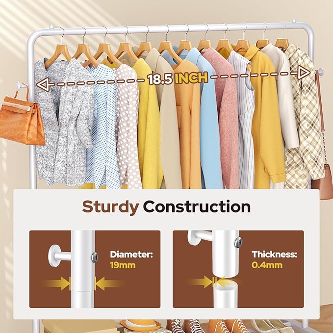 Clothes Rack With Storage Shelves: Metal Clothing Rack for Hanging Clothes, Garment Rack for Bedroom, Laundry, Living Room, White-NeatNest