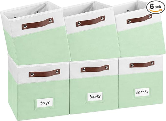 6-Pack Collapsible Fabric Storage Cubes with Handles & Label Holders, Closet Cube Home Organizer Bins (White/Sage Green, 10.5*10.5*11 inch)