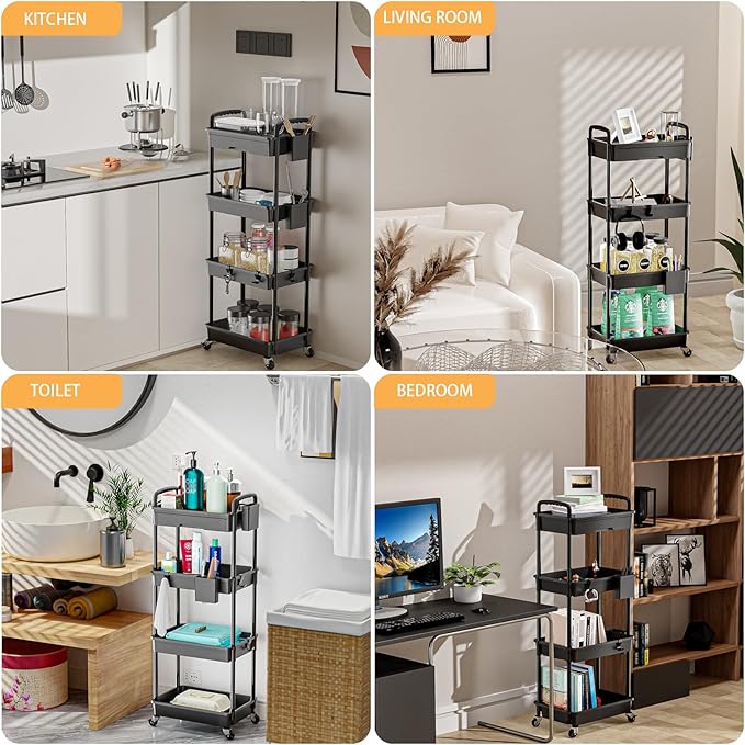 4 Tier Rolling Utility Cart with Drawer,REBECAT Utility Cart Made of Multifunctional Storage Organizer Tool for Kitchen,Bathroom,Living Room,Office(Black)-NeatNest